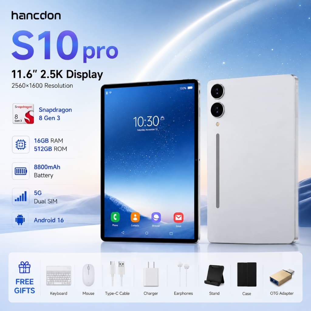 Hancdon Tablet S10 Pro | 16GB+512GB | Android 16 | Tela FHD 11.6" | 8800mAh Snapdragon 8 Gen 3  4G/ 5GLTE