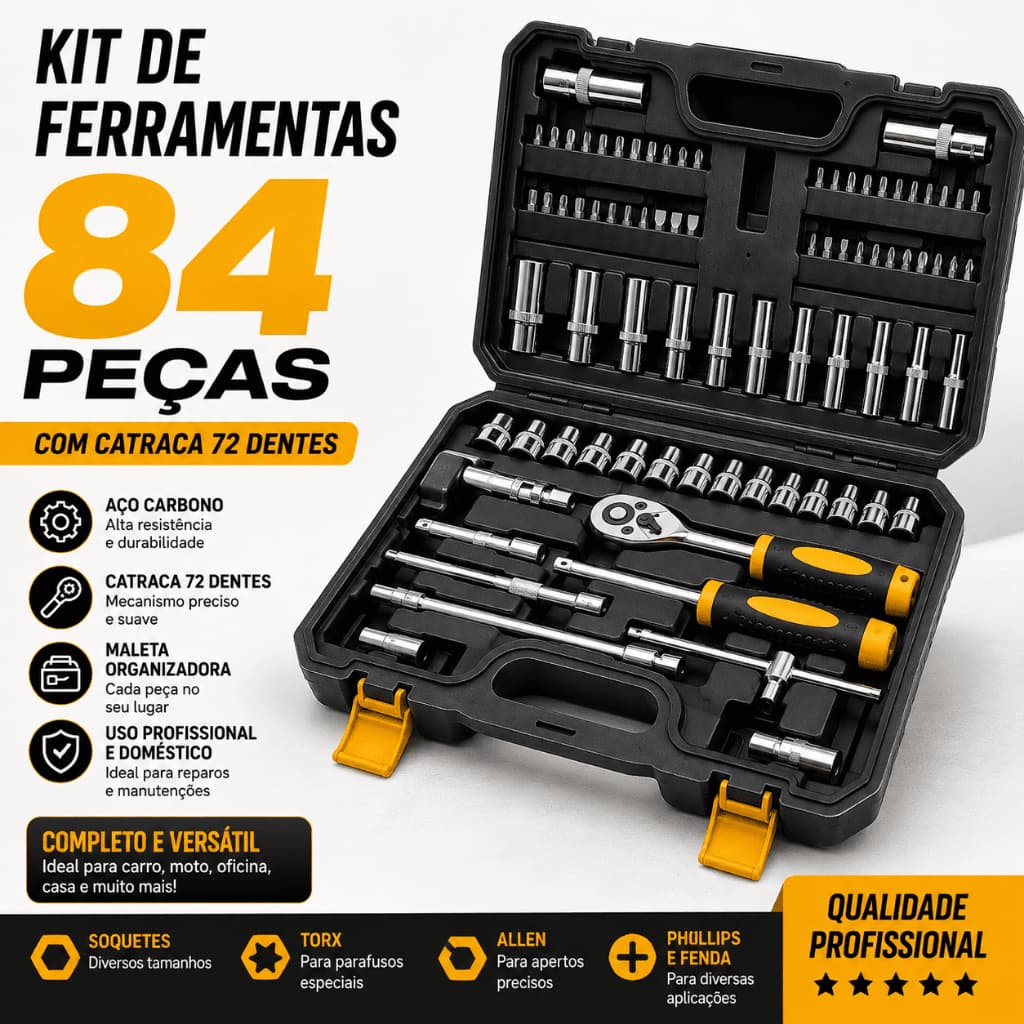 Kit 84 Peças Chave Catraca 72 Dentes Profissional, Jogo de Soquetes Allen Torx Completo para Reparos e Manutenção