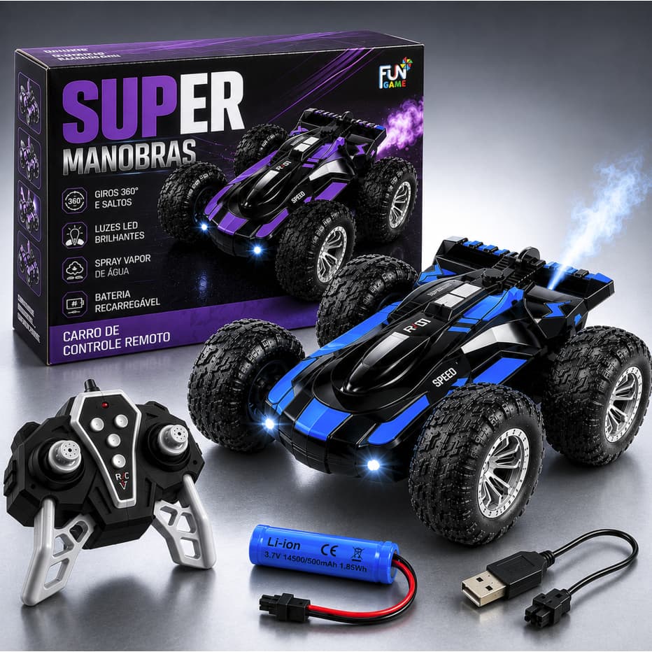 Carrinho SUPER MANOBRAS Controle Remoto Recarregável – Solta Fumaça e Faz Rotação 360º