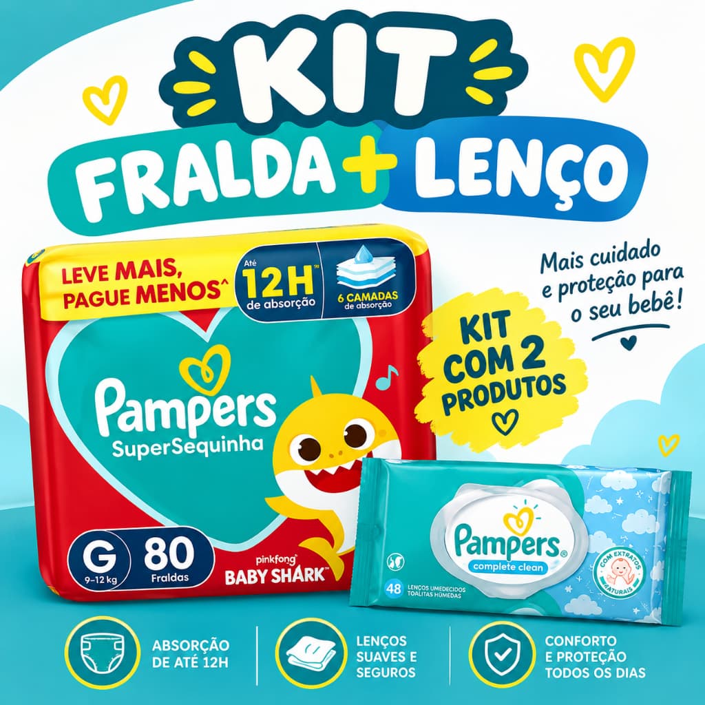 Kit Pampers Super Sequinha G80un + 48 Lenços Umedecidos | Fraldas Descartáveis