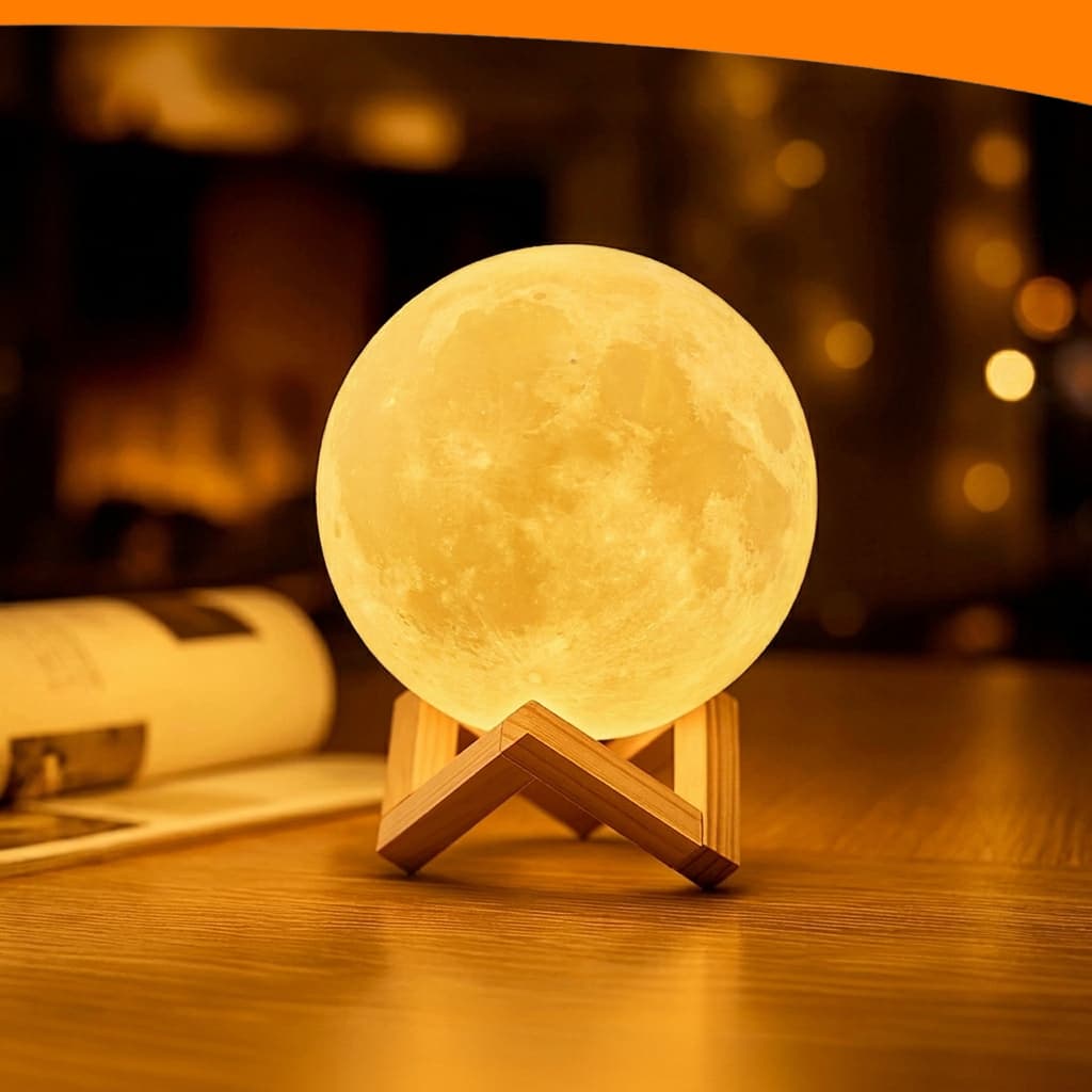 Luminária Lua Cheia LED 3D Luz Quente 10cm Com Suporte Abajur Decoração Sem Fio Enfeite