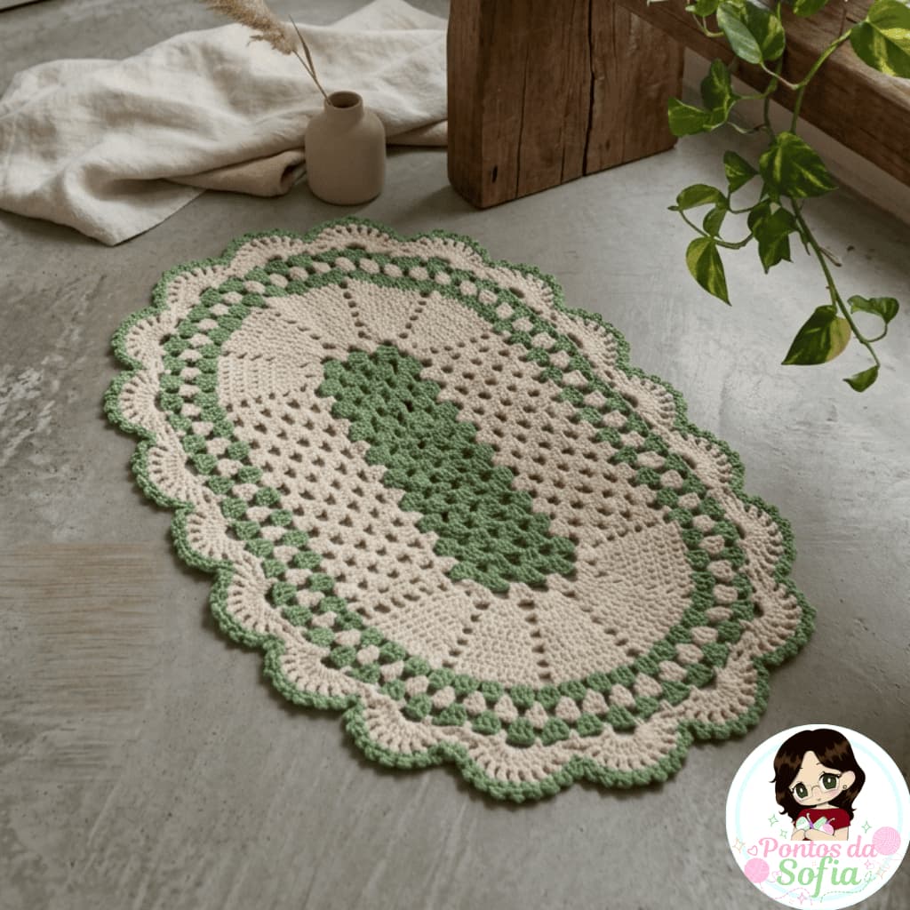 Tapete oval de crochê verde e cru branco para decoração de cozinha ,quarto , banheiro, barbante e algodão 6 fios 60 x 80