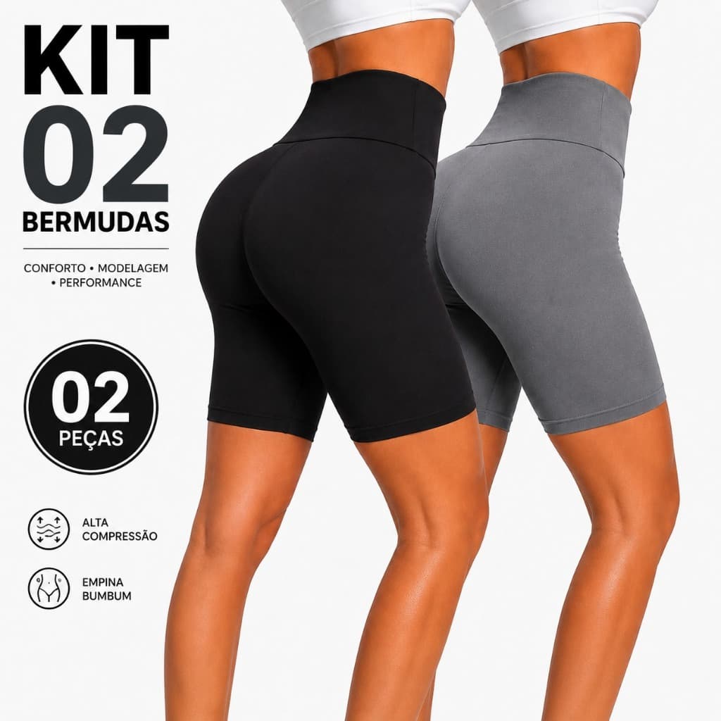 Kit 02 Bermudas Femininas Academia Suplex Cintura Alta Ciclista Fitness Cós Alto Compressão Roupa Fitness