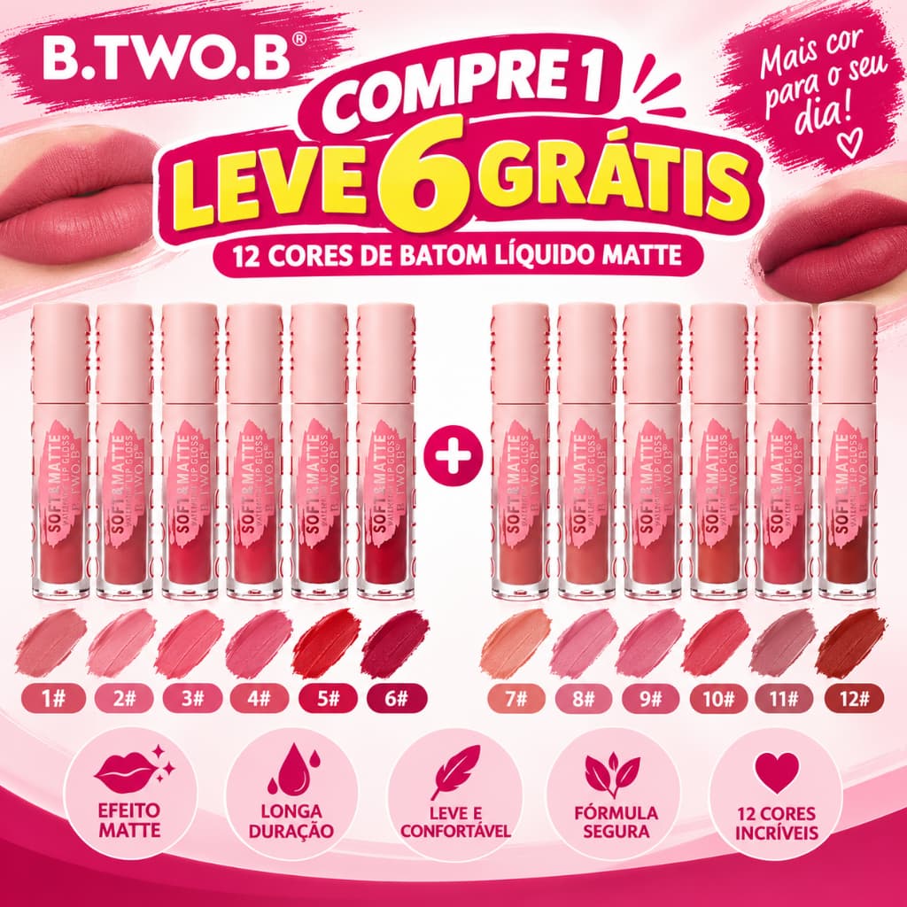 B.TWO.B Batom Líquido Matte Disponível em 12 cores Compre 1 Leve 6 Grátis Cores Aleatórias Longa Duração