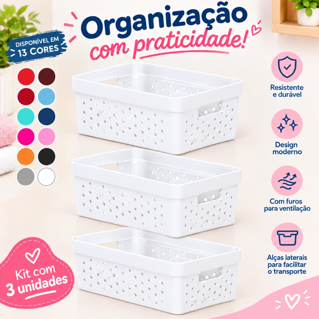 3 Caixa Organizadora Sem Tampa 11 litros escritório quarto sala lavanderia cozinha organizador cesto multiuso