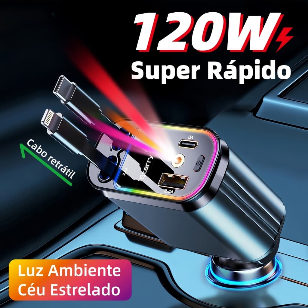 Carregador Veicular Turbo 120W 4-em-1 Cabo Retrátil Luz Ambiente Céu Estrelado 12V/24V para iPhone e Android