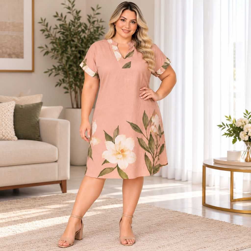 Chemise Plus Size Feminina Estampada Soltinha Manga Curta | Tecido Viscolinho Premium Moda Curvyl