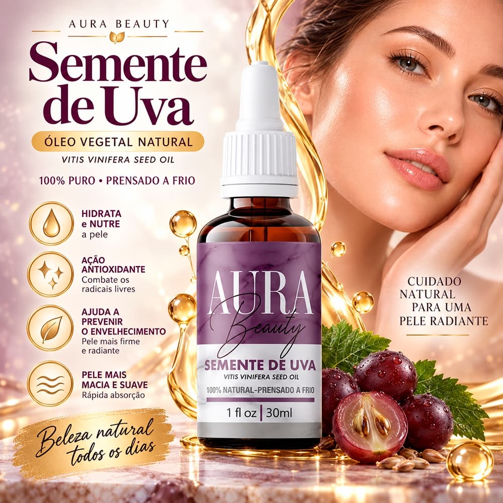 Semente de Uva, óleo vegetal 100% Puro 30ml – Anti-idade, Hidrata, Controla Oleosidade