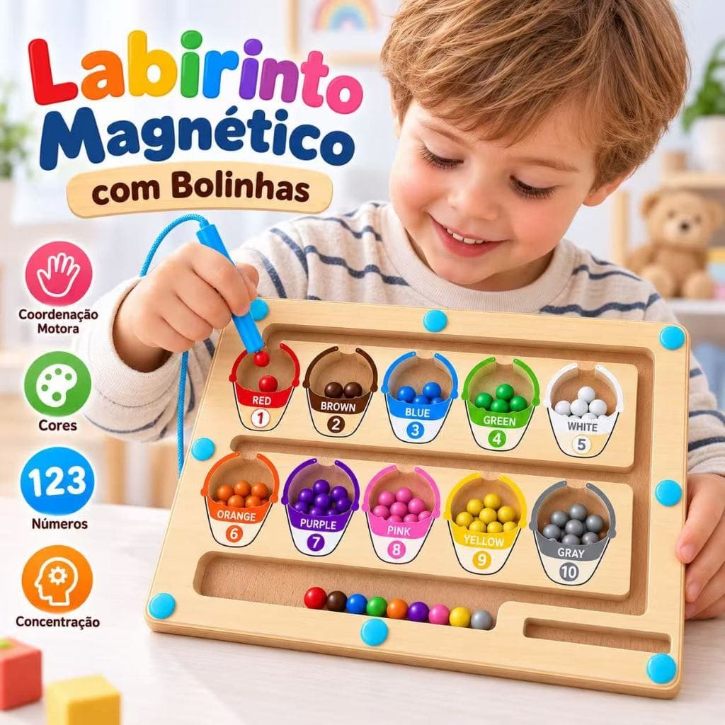 Brinquedo Educativo Labirinto Magnético com Bolinhas Cores e Números Infantil Montessori