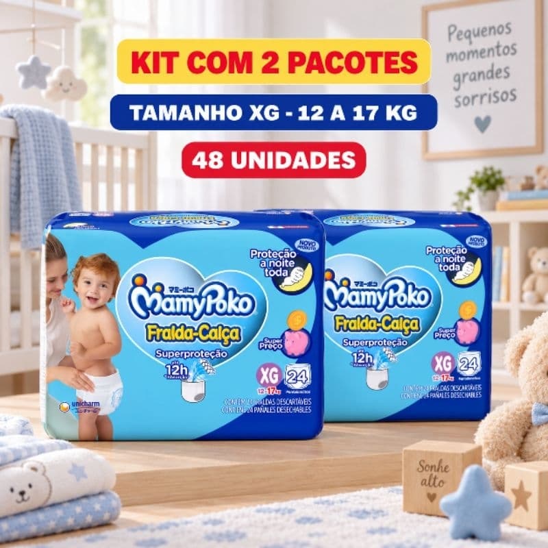 Kit 2 pacotes Fralda Calça Infantil XG mamy poko Superproteção 24un Cada 48 Fraldas 12-17kg Até 12h MamyPoko