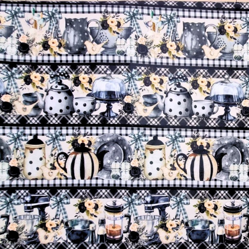 Tecido Patchwork Digital (60 cm) Barrado Cozinha em Preto RV40/104
