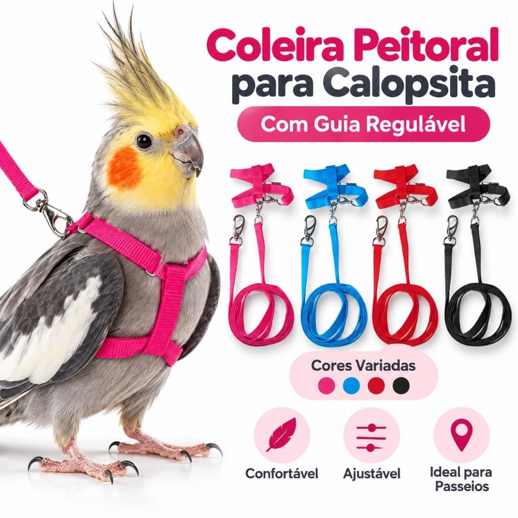 Coleira Peitoral para Calopsita c/ Guia Regulável Cores Variadas
