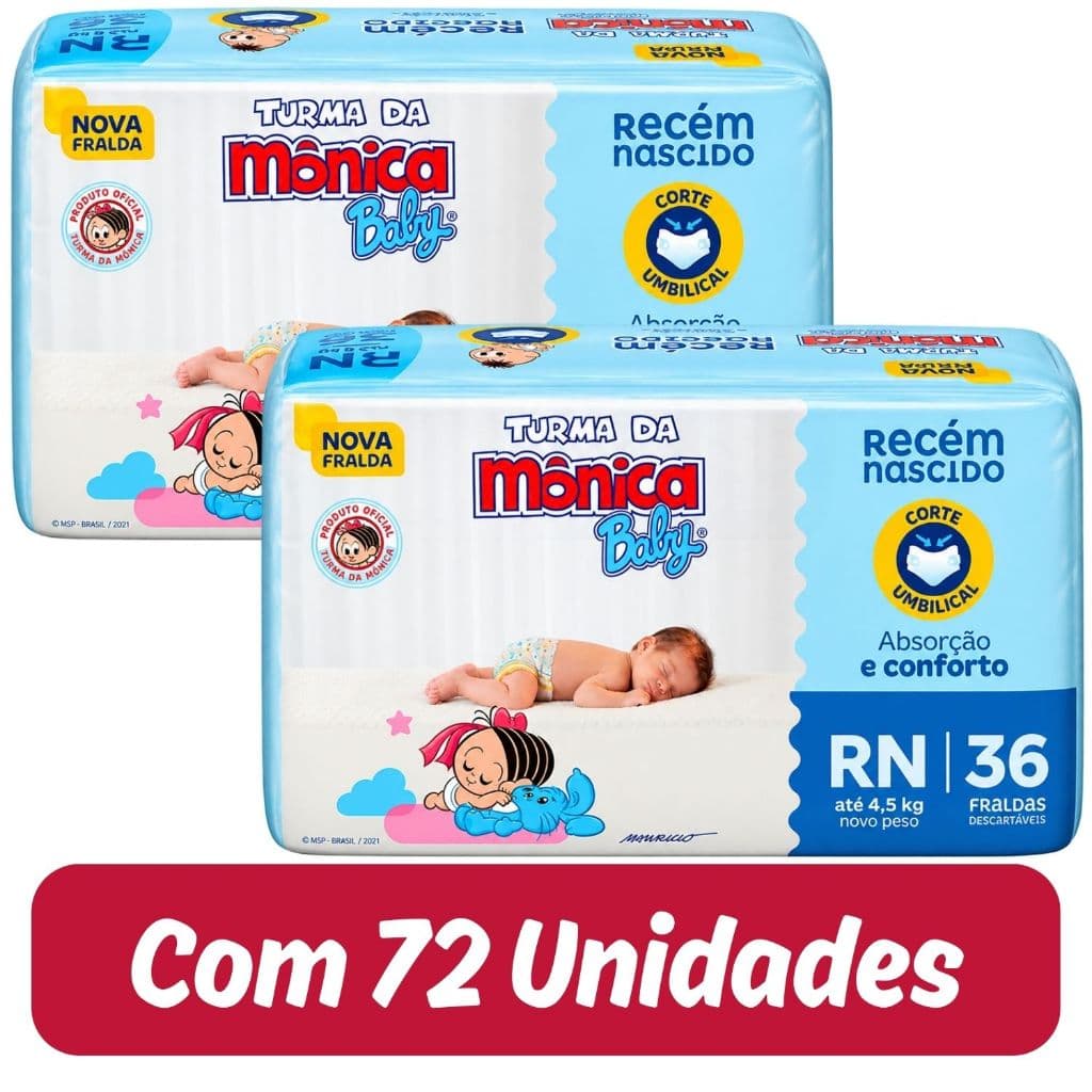 Fralda Descartável Turma da Mônica Jumbo Tamanho RN - 2 Pacotes com 36 Fraldas - Total 72 Tiras