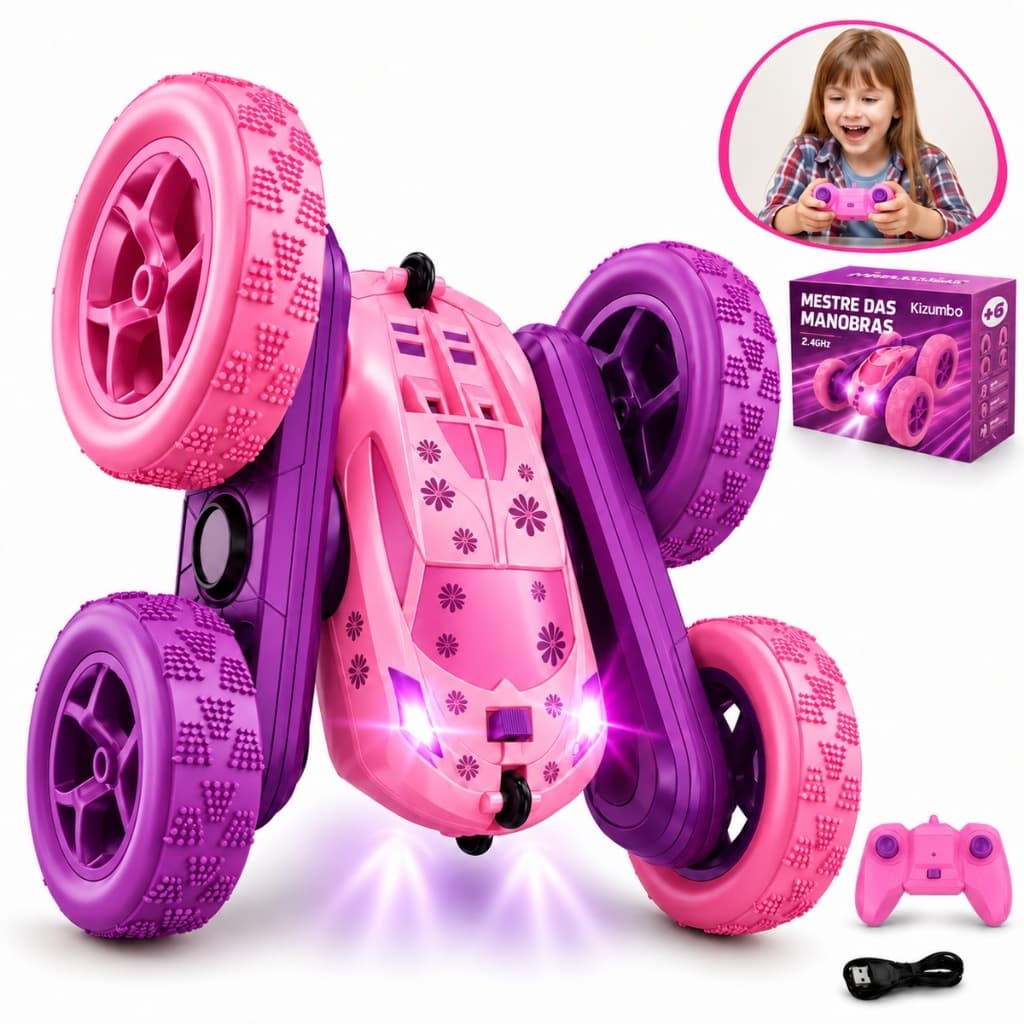 Carrinho Controle Remoto 4x4 Brinquedo Rosa Giro 360º  Infantil Recarregável Com Luzes Kizumba