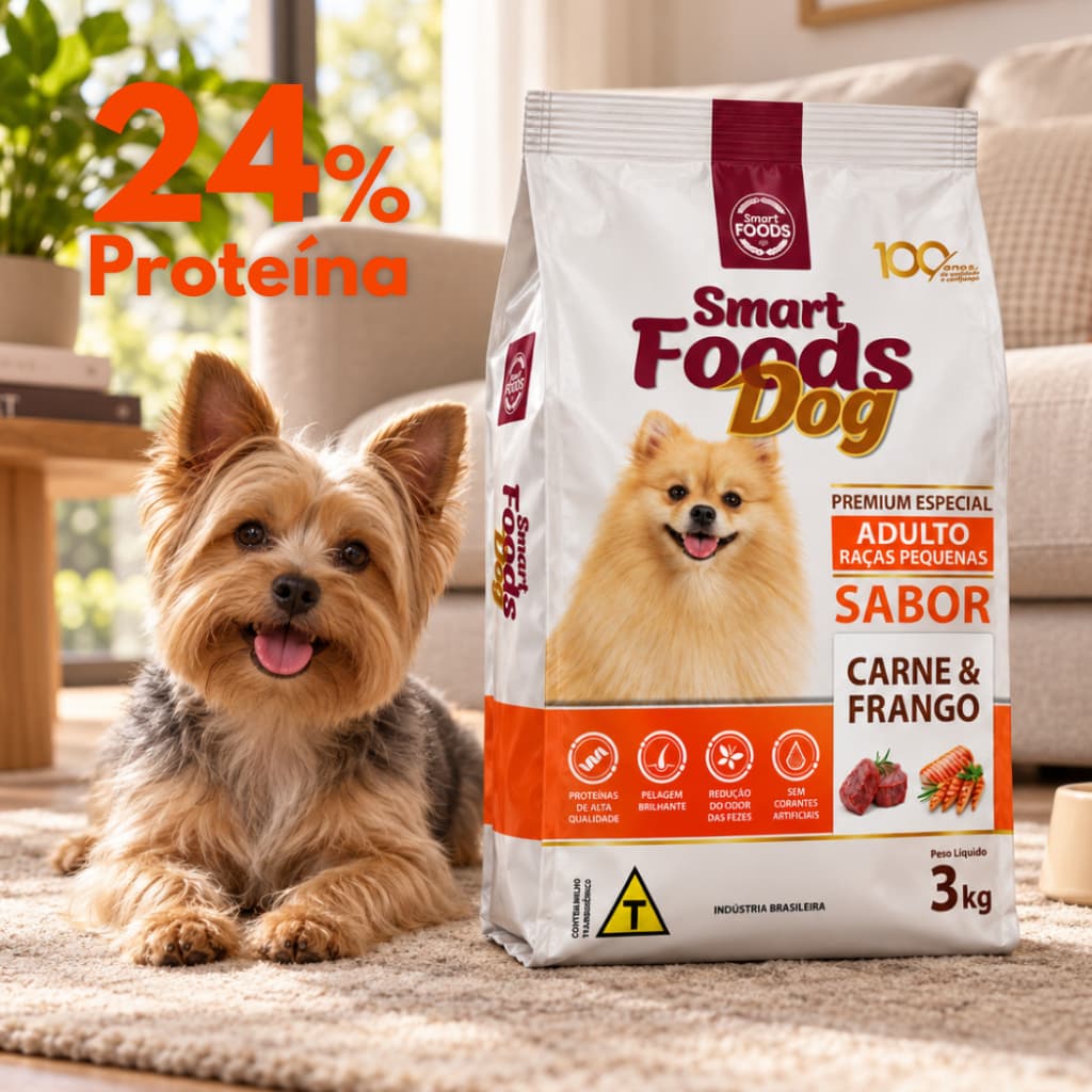 Ração para Cachorro Adulto Raças Pequenas Smart Foods Dog 24% Proteína Sabor Carne e Frango 3 Kg