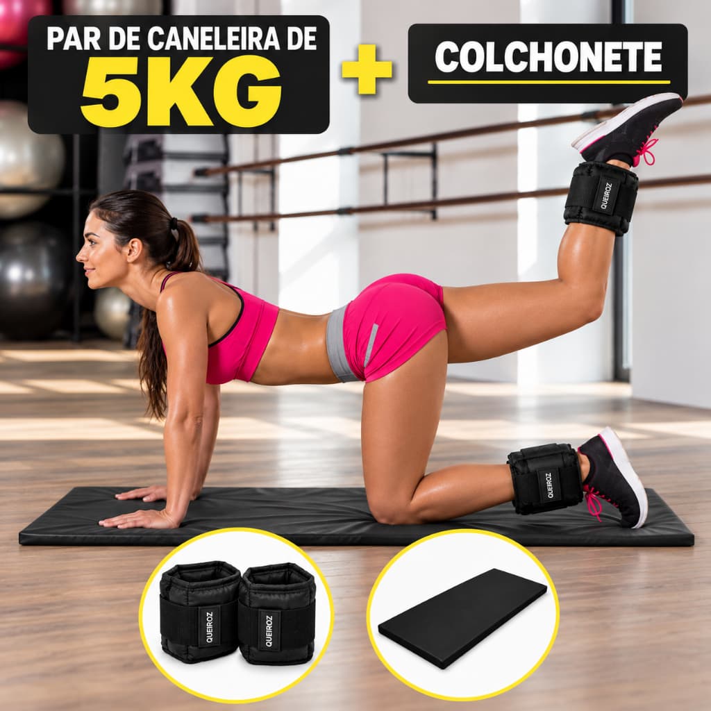 Kit Par de Caneleiras 5kg + Colchonete Preto Academia Treino Fitness Musculação