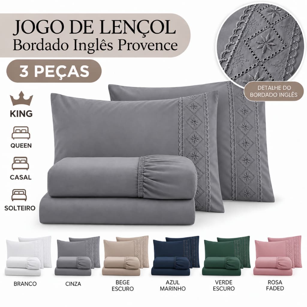 Jogo de Lençol Bordado Inglês Solteiro, Casal, Queen e King 3 Peças Frete Gratis Toque de Seda, 400 Fios.