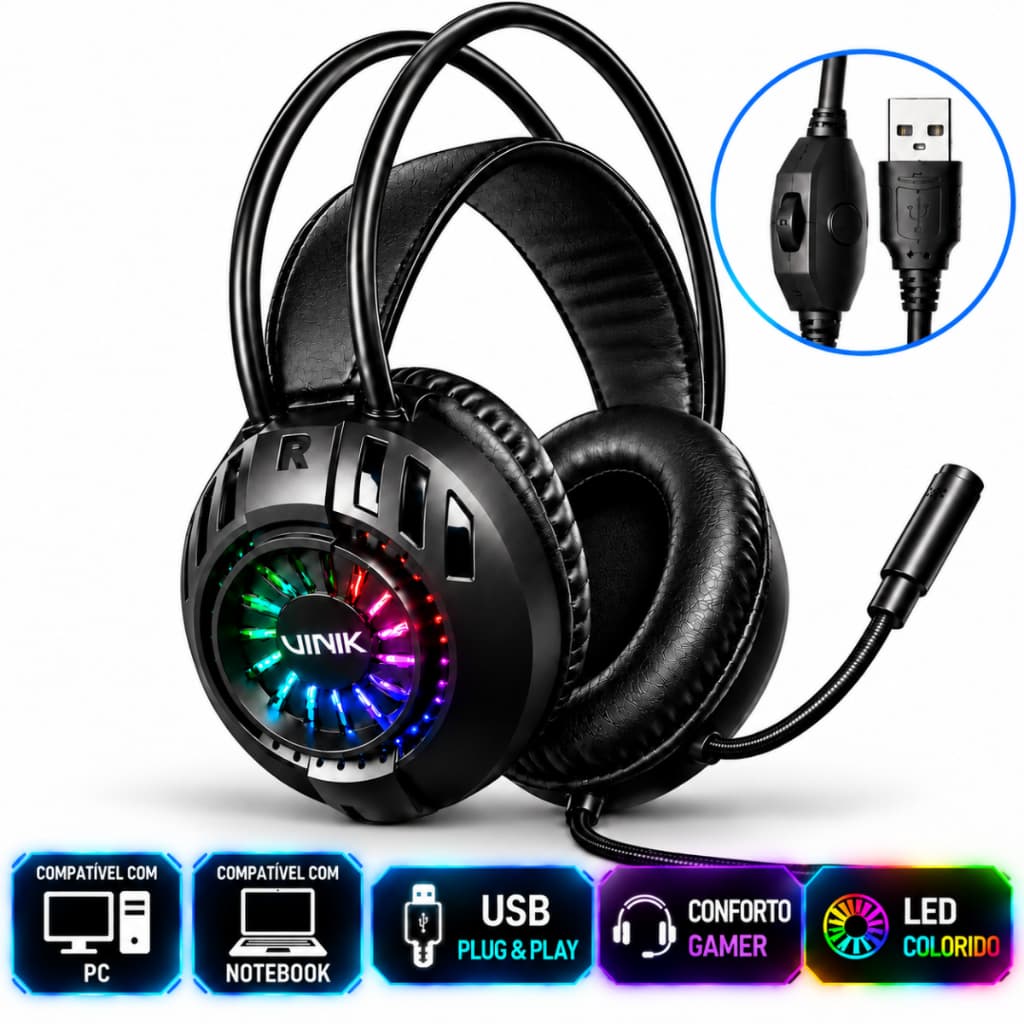 Fone De Ouvido Headset Gamer V-Shield Usb Rgb Com Microfone Para Pc Notebook Som Estéreo Cabo 1,80m Beesclover Preto