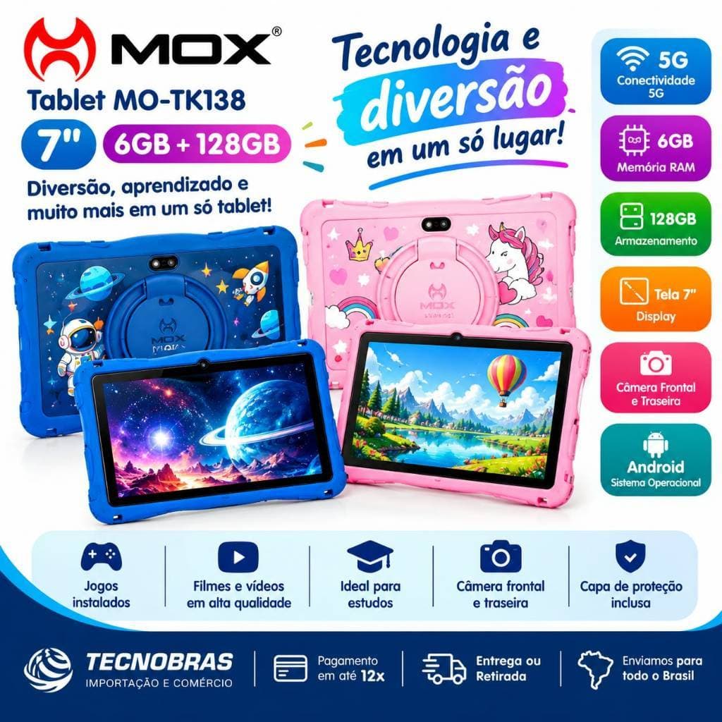 Tablet MOX MO-TK138 7 Polegadas 6GB RAM 128GB Armazenamento 5G Android com Capa Protetora