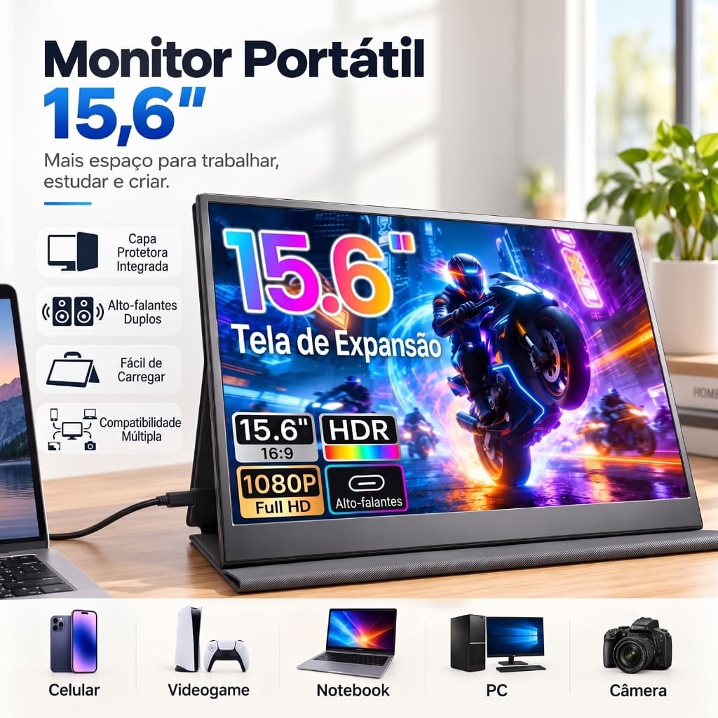 Monitor Portátil Gamer 15.6" 1080P IPS Tipo-C HDMI Capa Protetora PS5 Xbox Switch Notebook