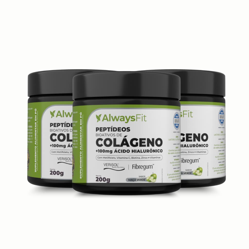 Kit 3x Colágeno Verisol AlwaysFit | Ácido Hialurônico + Vitaminas, Minerais, Fibras | Maçã Verde 200 g