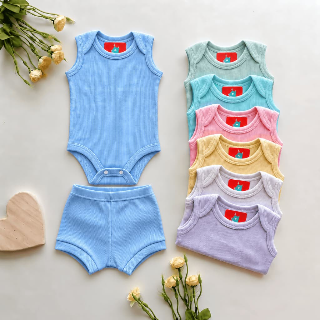 Kit bebe 4 peças -  Body bebe manga Regata e Shorts Canelado enxoval Verão