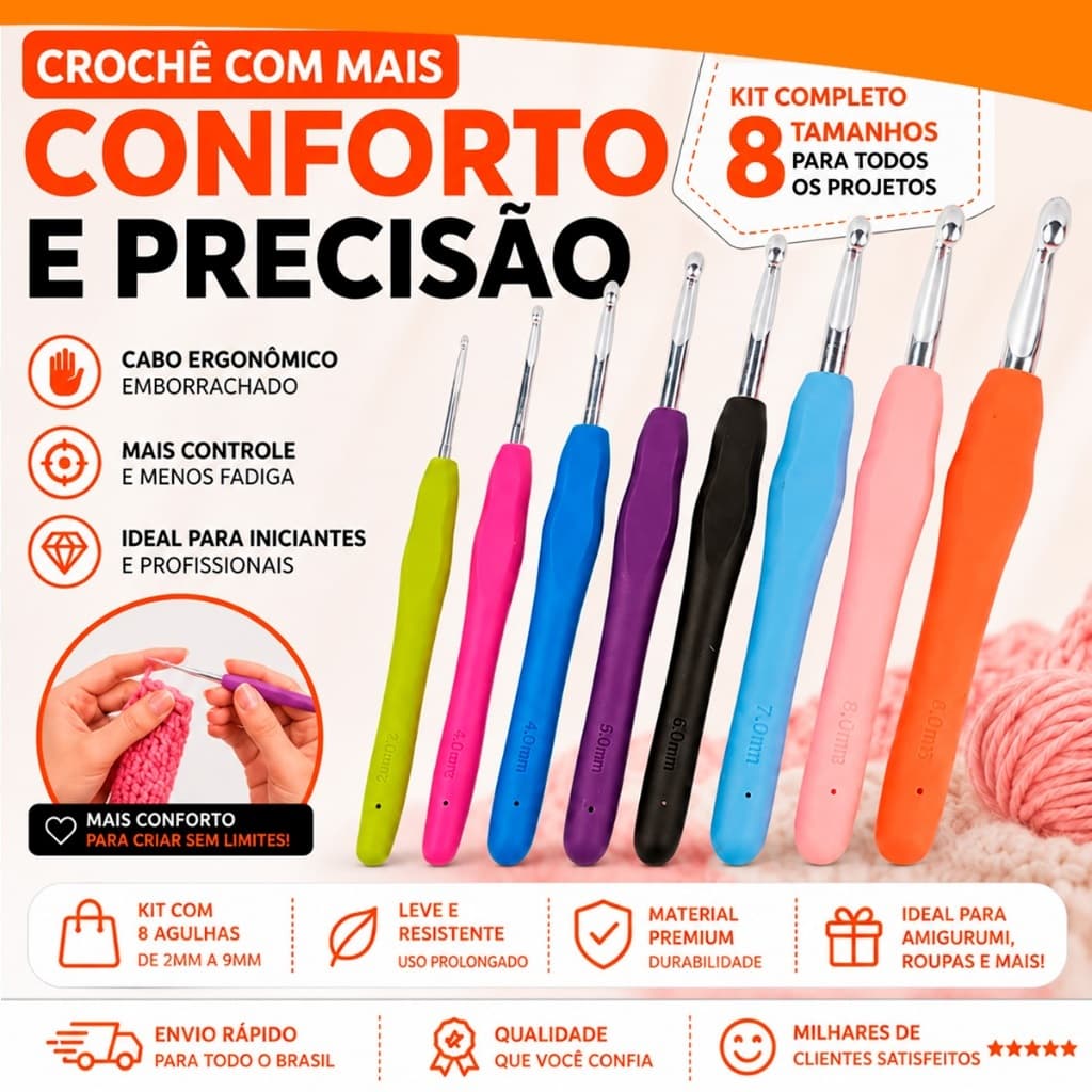 Kit Agulhas Barbante Para Crochê Profissional 8 Peças Vários Tamanhos Atacadao