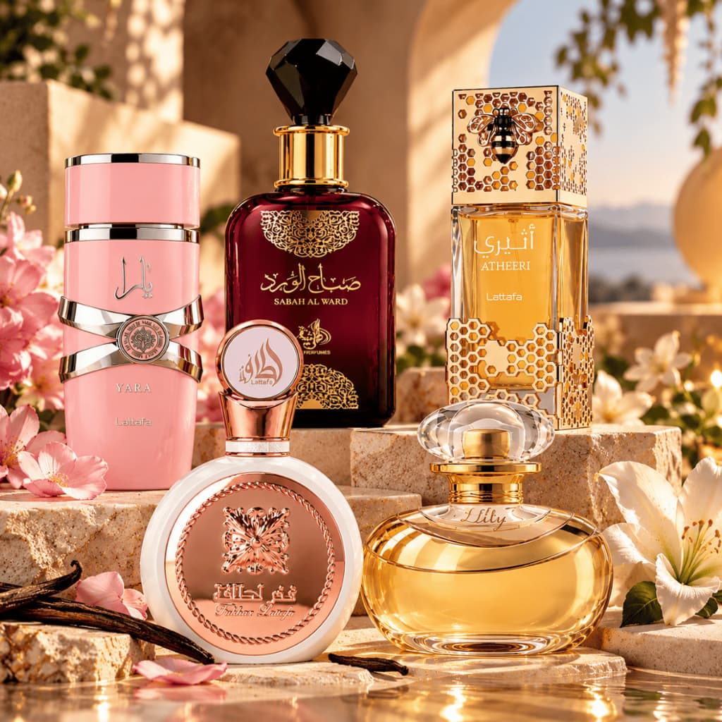Kit 4 Perfumes Árabes Femininos Yara Fakhar Rosé Atheeri Sabah Lily Eau de Parfum Feminino Presente Importado