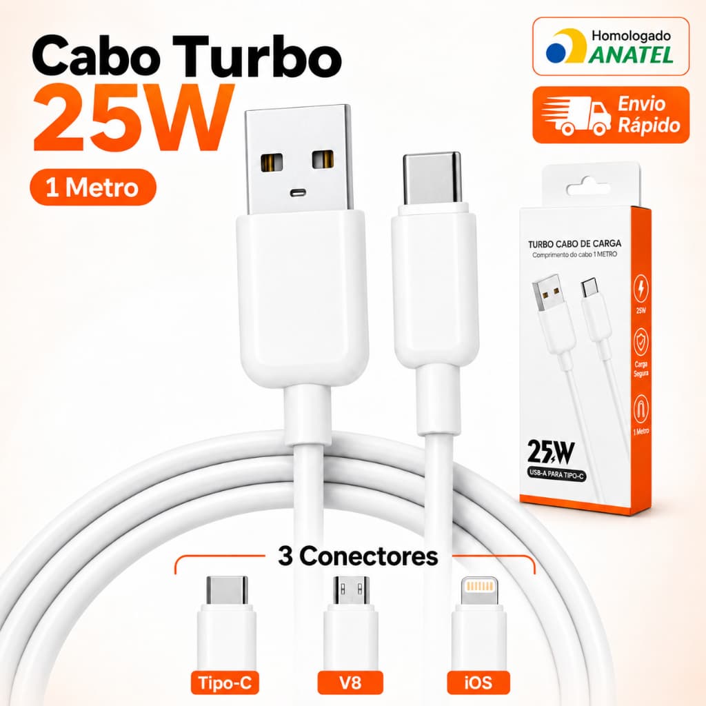 Cabo De Carregador Celular Tipo-C/V8/IOS 1 Metro Turbo Carga Rapida