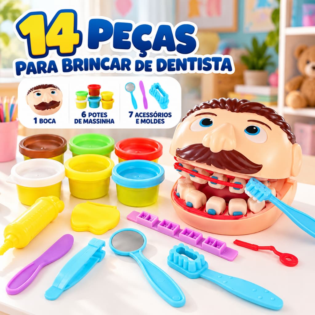 Kit Massinha Dentista Infantil 14 Peças Massa de Modelar Dentes Brinquedo Educativo com Acessórios