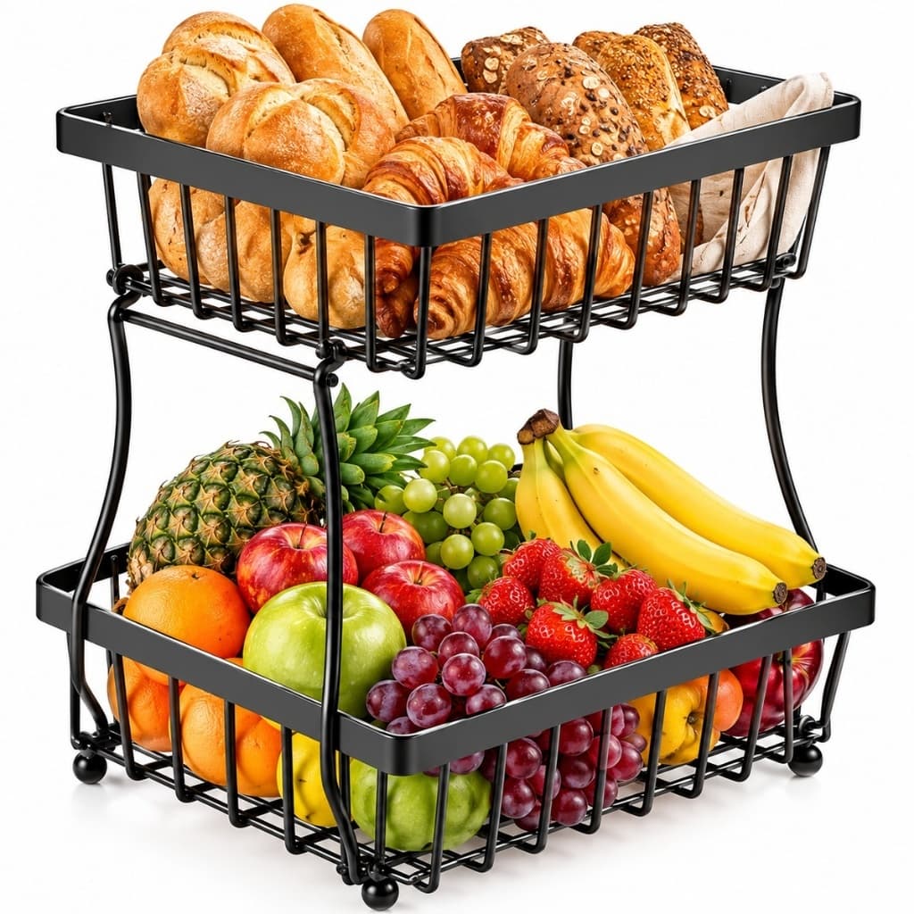 Fruteira de Metal 2 Andares Preta – Cesta Organizadora Multiuso Premium para Frutas, Legumes, Cozinha e Bancada Élégance