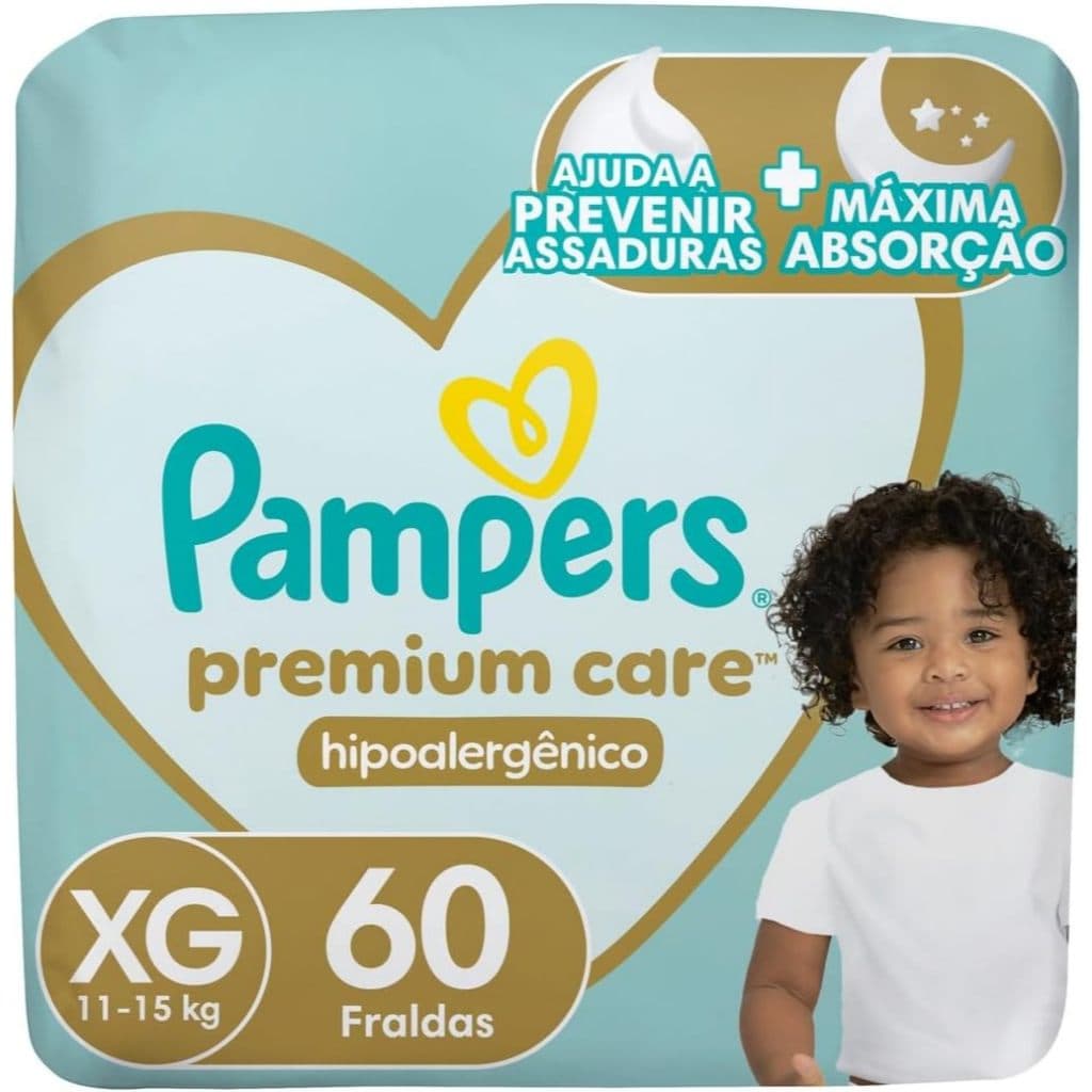 Fraldas Descartáveis Pampers Premium Care Tamanho XG com 60 Unidades