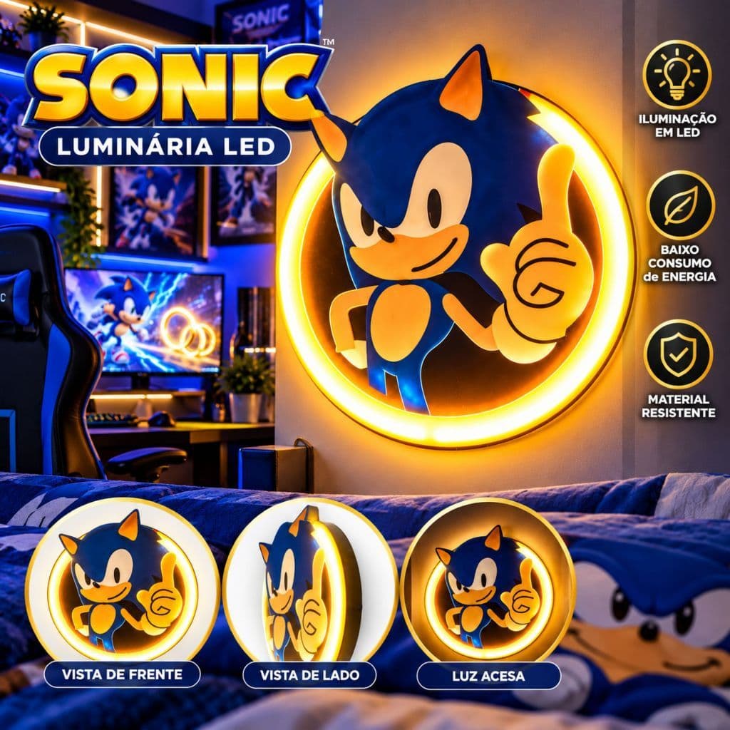 Luminária Geek Sonic Com Moldura LED Neon Para Decoração Gamer Decoração de Quartos Gamer