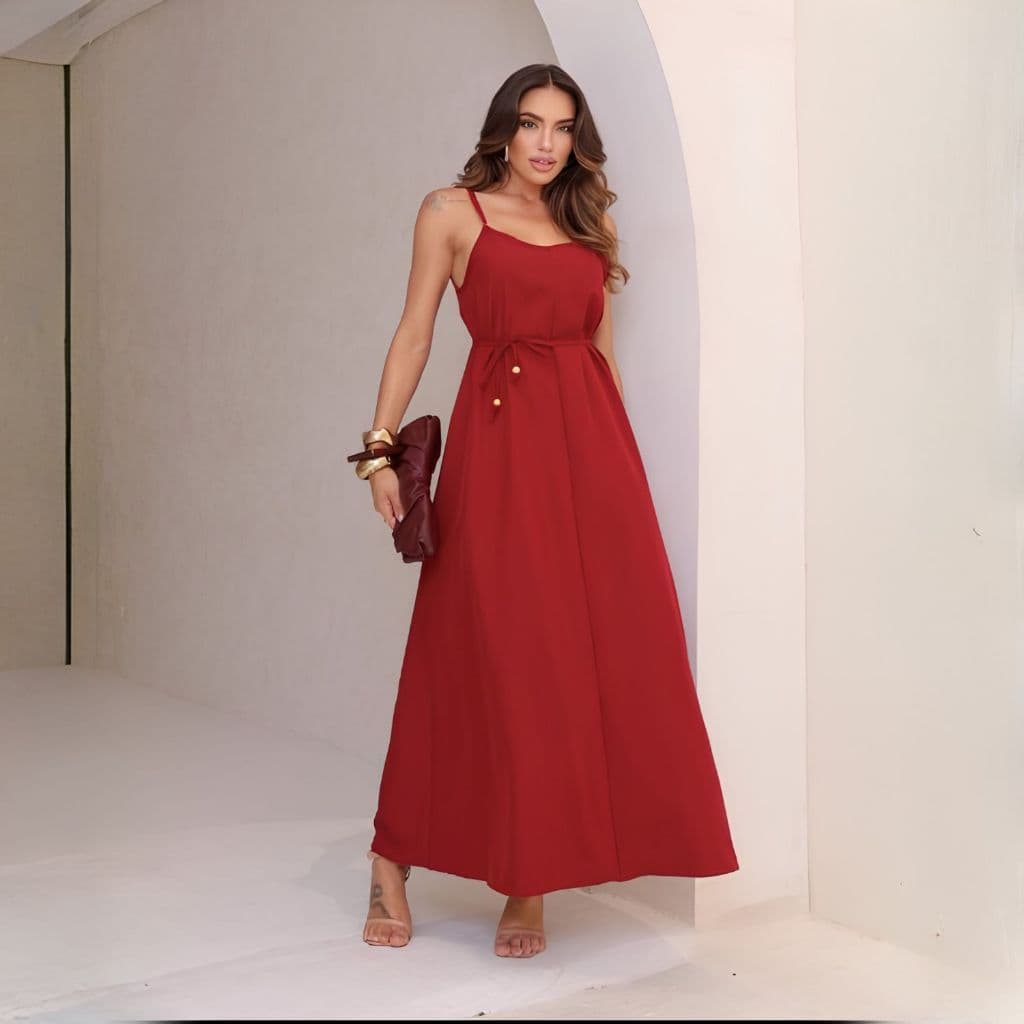 Vestido Feminino Longo Alças Finas Crepinho Elegante Casual con amaração Festa Verão