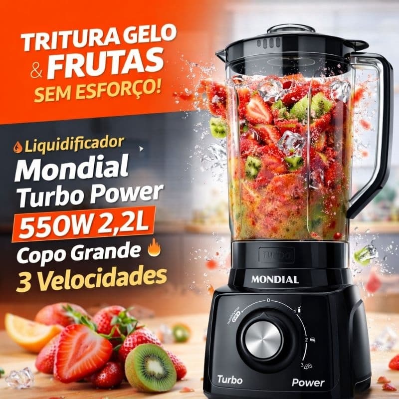 Liquidificador Mondial Turbo Power 550W 2,2L Super Potente 3 Velocidades Tritura Gelo Copo Grande [Versão Premuim Balck]