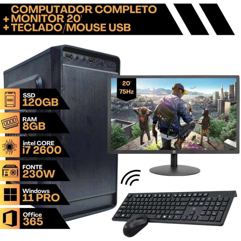 PC Computador Completo - Processador i7 2600, Ssd 120Gb, Memória DDR3 8Gb RAM, Monitor 20' 75Hz