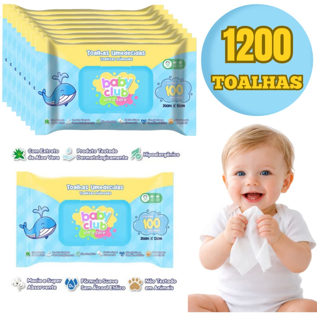 KIT C/ 1200 Lenço umedecido, Toalhas Umedecida C/Tampa Limpeza Segura e Eficaz para Bebês
