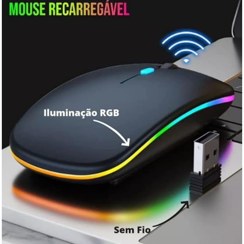 Mouse sem fio recarregável RGB ergonômico gamer silencioso USB preciso alta performance top