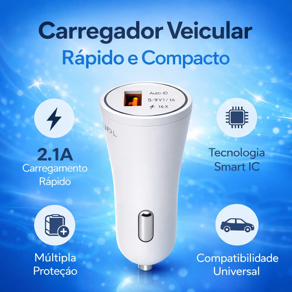 Carregador Veicular USB Turbo 5V 9V 12V – Carregamento Rápido Universal para Carro