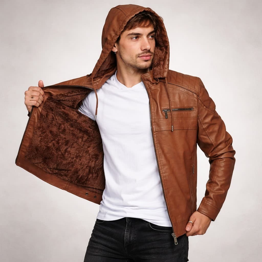 Jaqueta Masculina Couro Ecológico Forrada Inverno com Capuz Removível  Motoqueiro