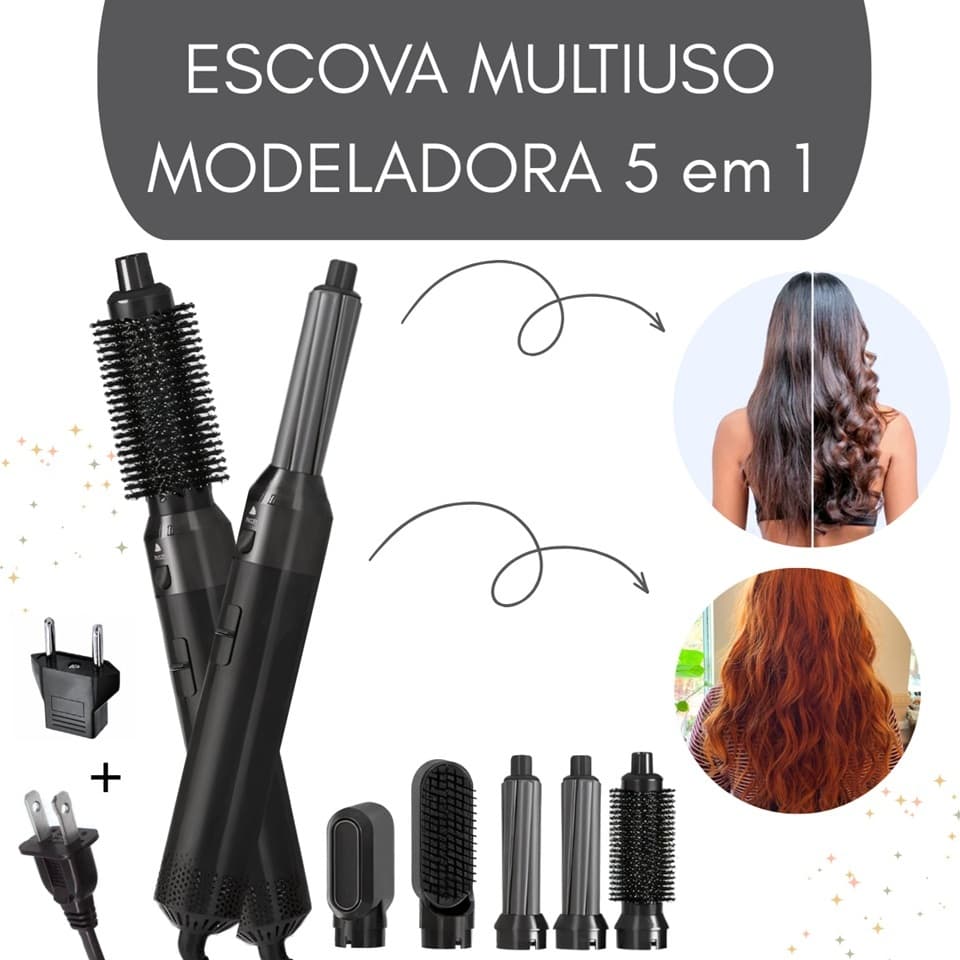 Escova Secadora 5 em 1 Profissional 110V Modeladora Alisadora Secador Cabelo Multifuncional com Acessórios