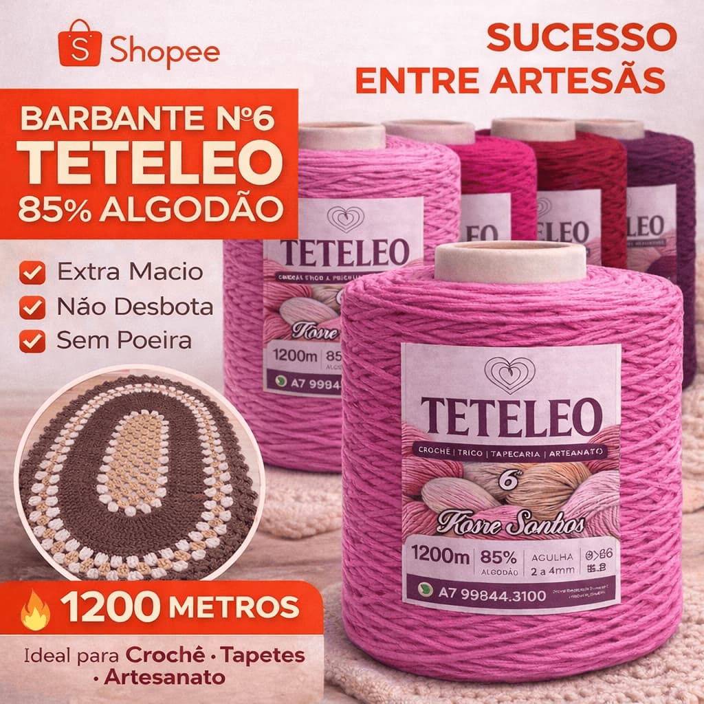 Barbante para Crochê nº6 Colorido Teteleo | Fio Premium para Tricô e Artesanato Sem Poeira Antialérgico 400 Metros
