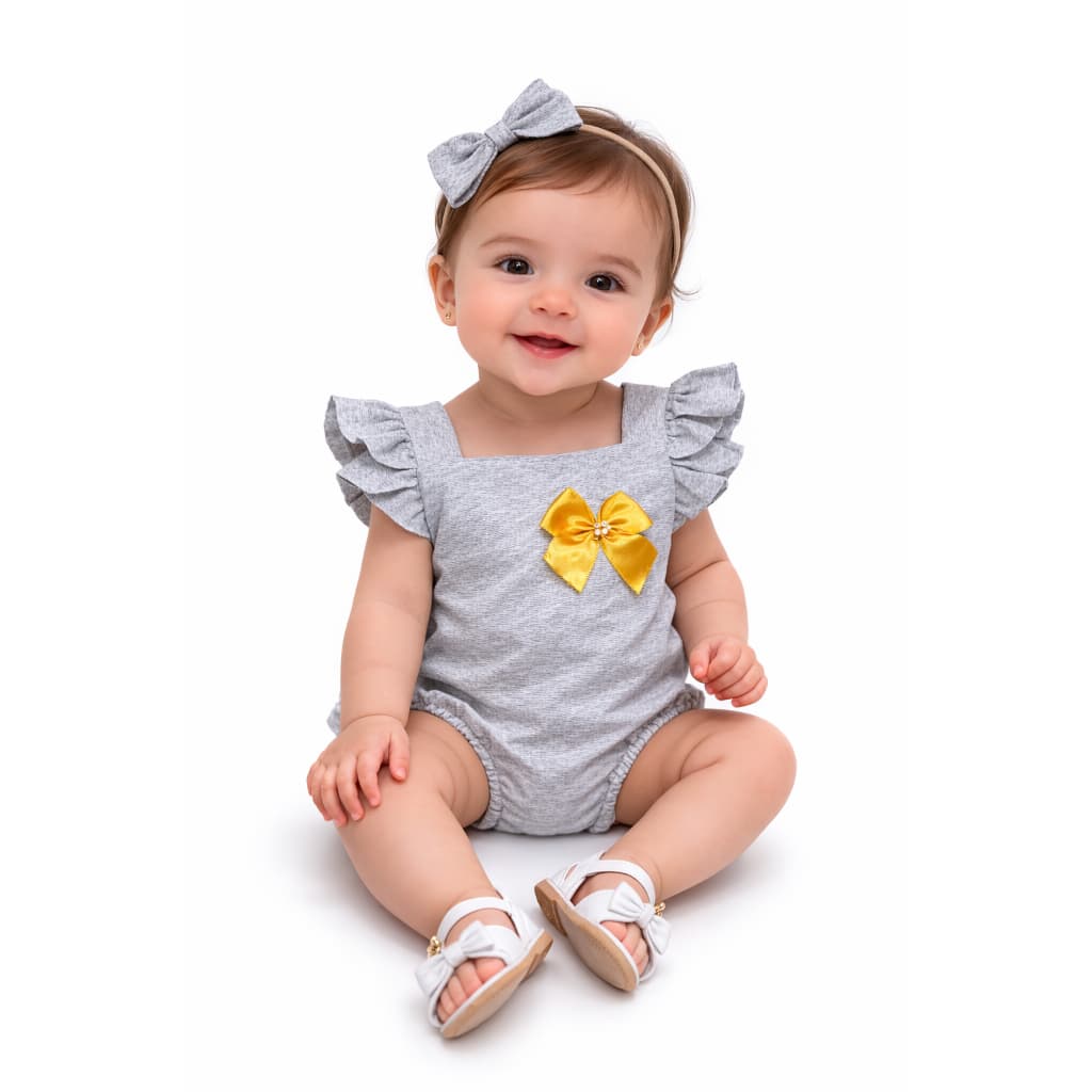 Romper Jardineira Bebê  Menina - Roupa Infantil bebê menina - Roupa bebê Neutra Cinza - Conforto estilo moderno
