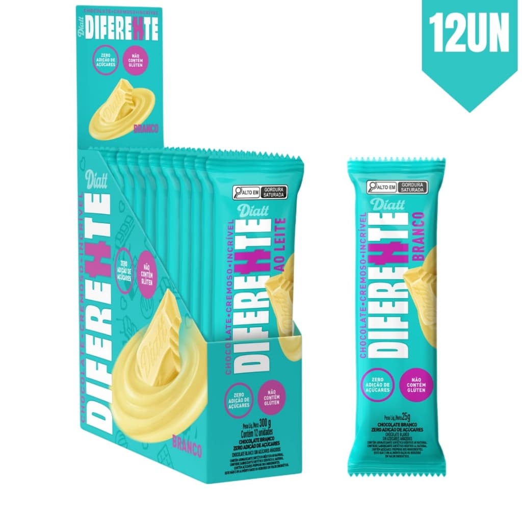 Tablete Chocolate Branco Zero Açúcar Diferente Diatt Display com 12un 25g Saudável 32% Cacau