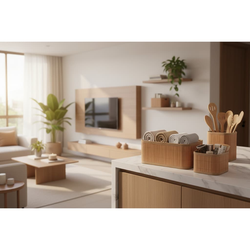 Conjunto Cestos Organizadores Bambu Natural Multiuso Cozinha Banheiro Quarto