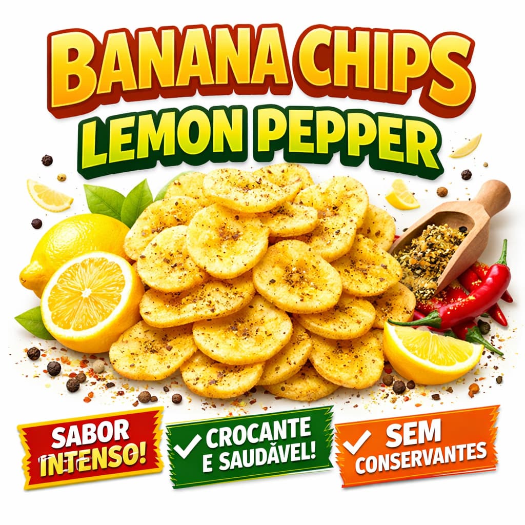 Banana Chips Lemon Pepper Crocante Natural Sem Conservantes Sem Glúten Snack Saudável