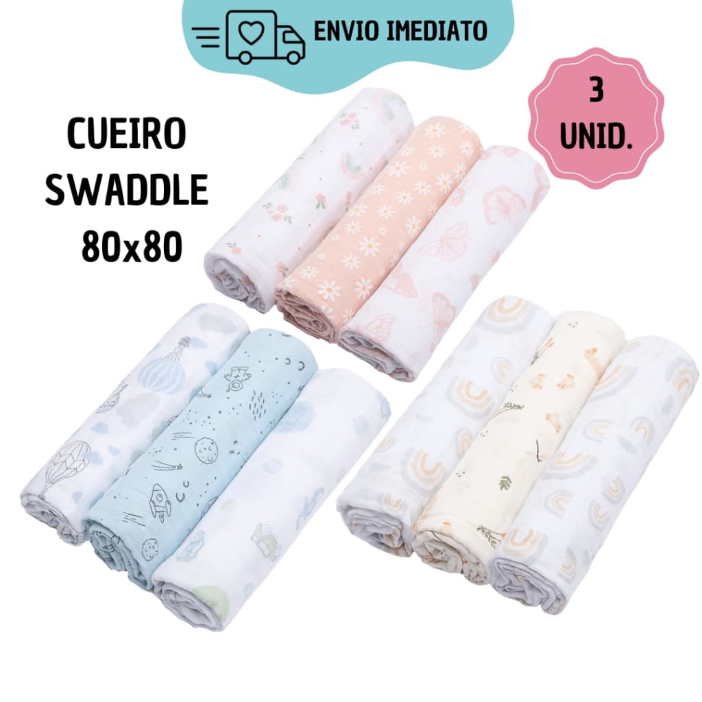 Kit 3 Cueiros Swaddle 80cm x 80cm para bebê RN 100% Algodão Soft Premium Enxoval Maternidade Papi