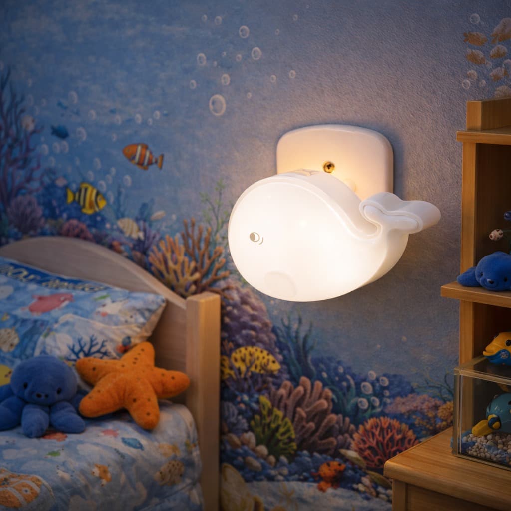 Luminária Noturna Baleia De LED Colorida Quarto Infantil Decoração 1W Bivolt Luz Suave Tomada Parede