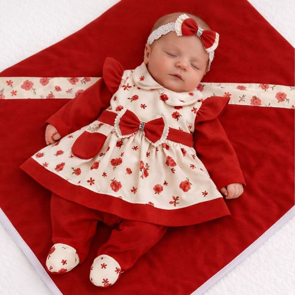 Saída Maternidade Menina Pompom Vermelho Flor 5 Peças Kit Maternidade Para Menina Roupas De Bebê