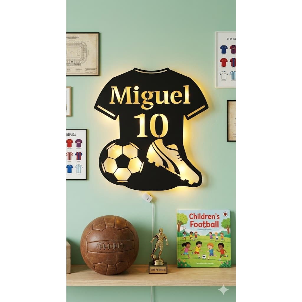 Luminária Camisa De Futebol MDF LED Personalizada Nome E Número Decoração Quarto Aniversario Menino